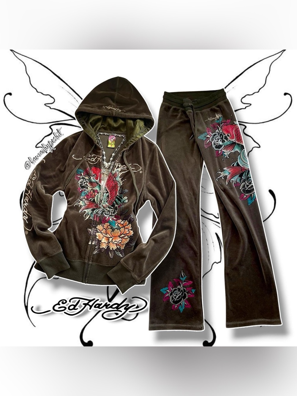 Ed Hardy Olive Green Velour Hoodie & Pants Tracksuit Set w/ Floral Koi Graphics